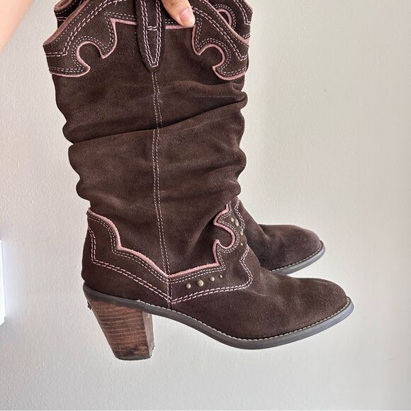 Iconic leather brown and pink contrast stitch cowboy boots - Picture 1 of 11